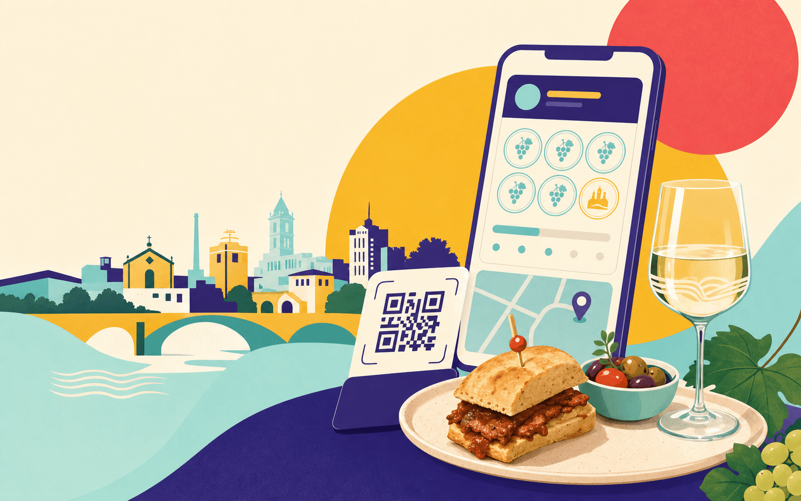 Passaporte digital com skyline de Santo Tirso, petisco, vinho e espumante verde